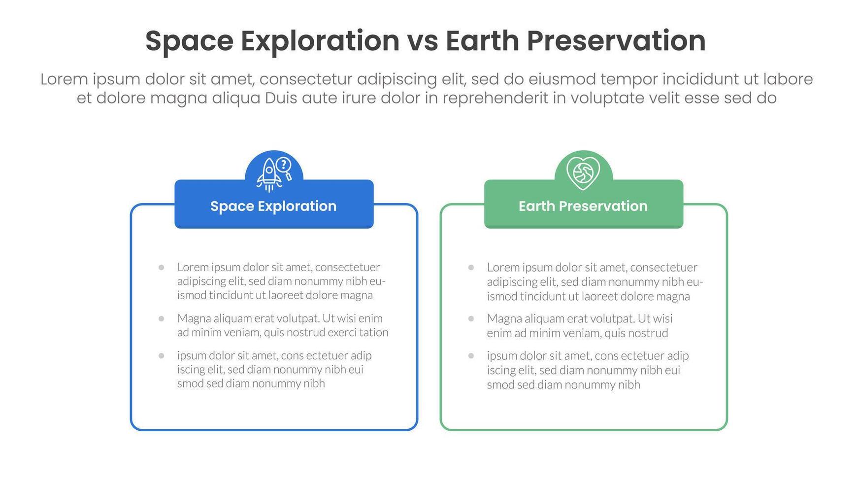 space exploration vs earth preservation comparison concept for infographic template banner with outline box table with two point list information vector