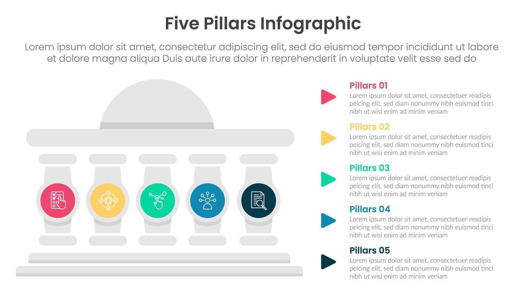 Five pillars framework with ancient classic construction infographic with 5 point stage template with round building and circle pillar badge for slide presentation vector