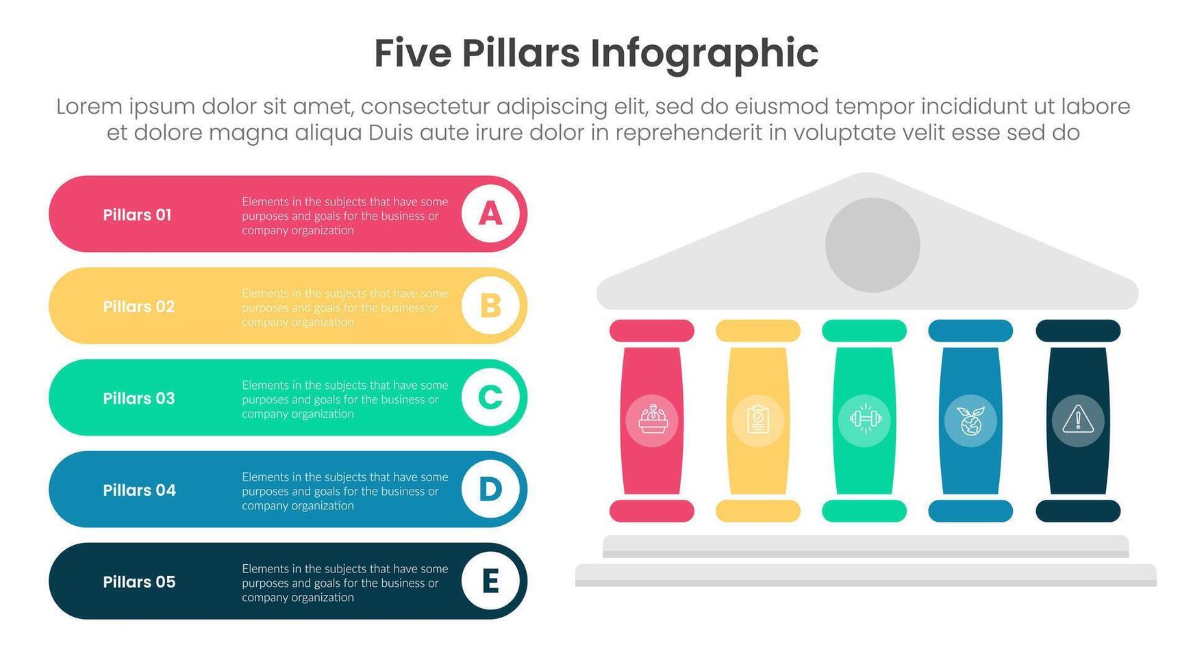Five pillars framework with ancient classic construction infographic with 5 point stage template with right pillars and round rectangle description box for slide presentation vector
