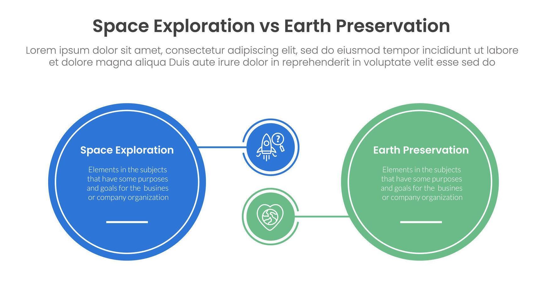 space exploration vs earth preservation comparison concept for infographic template banner with big circle and small linked with two point list information vector
