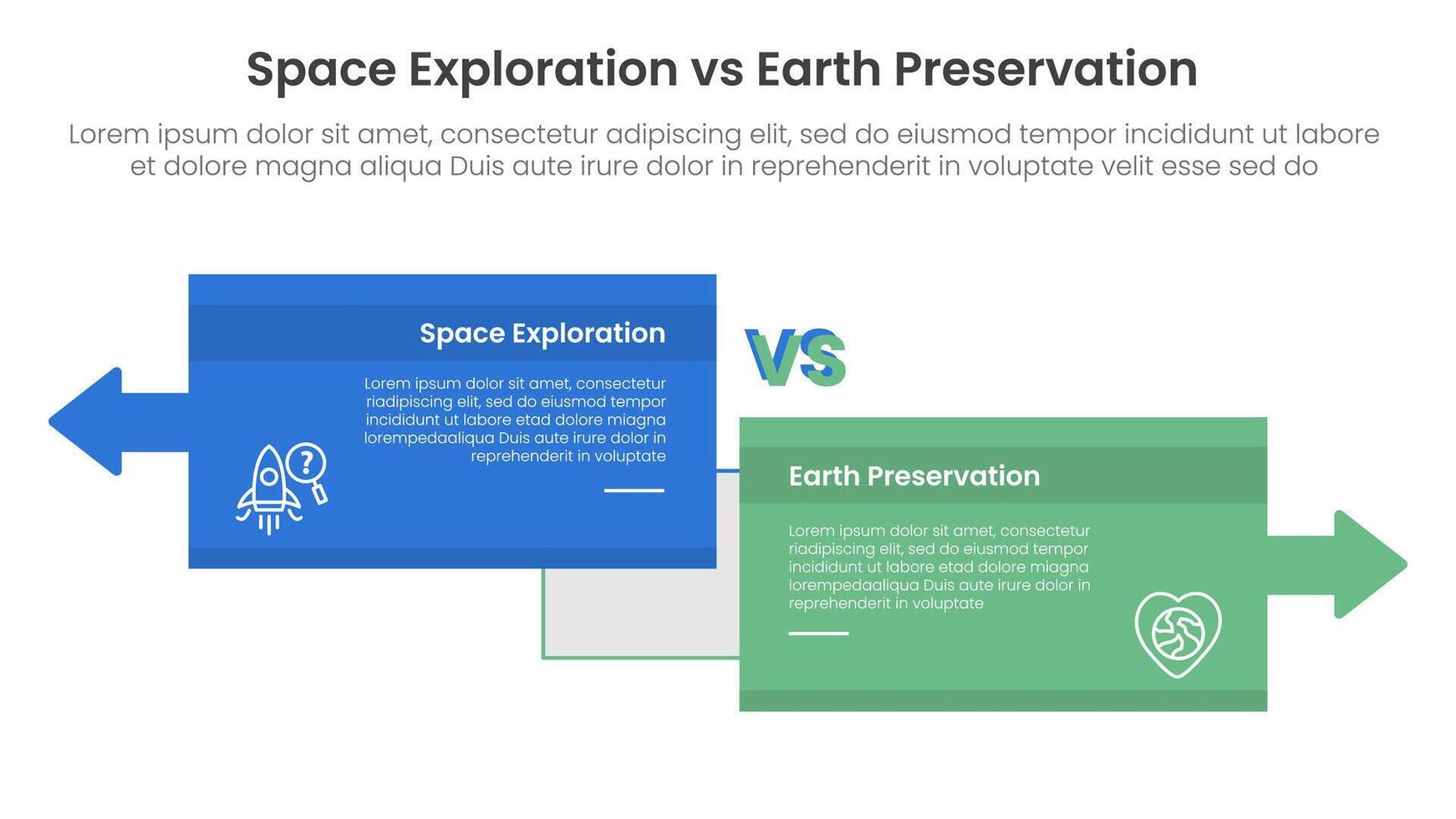 space exploration vs earth preservation comparison concept for infographic template banner with big box opposite arrows direction with two point list information vector