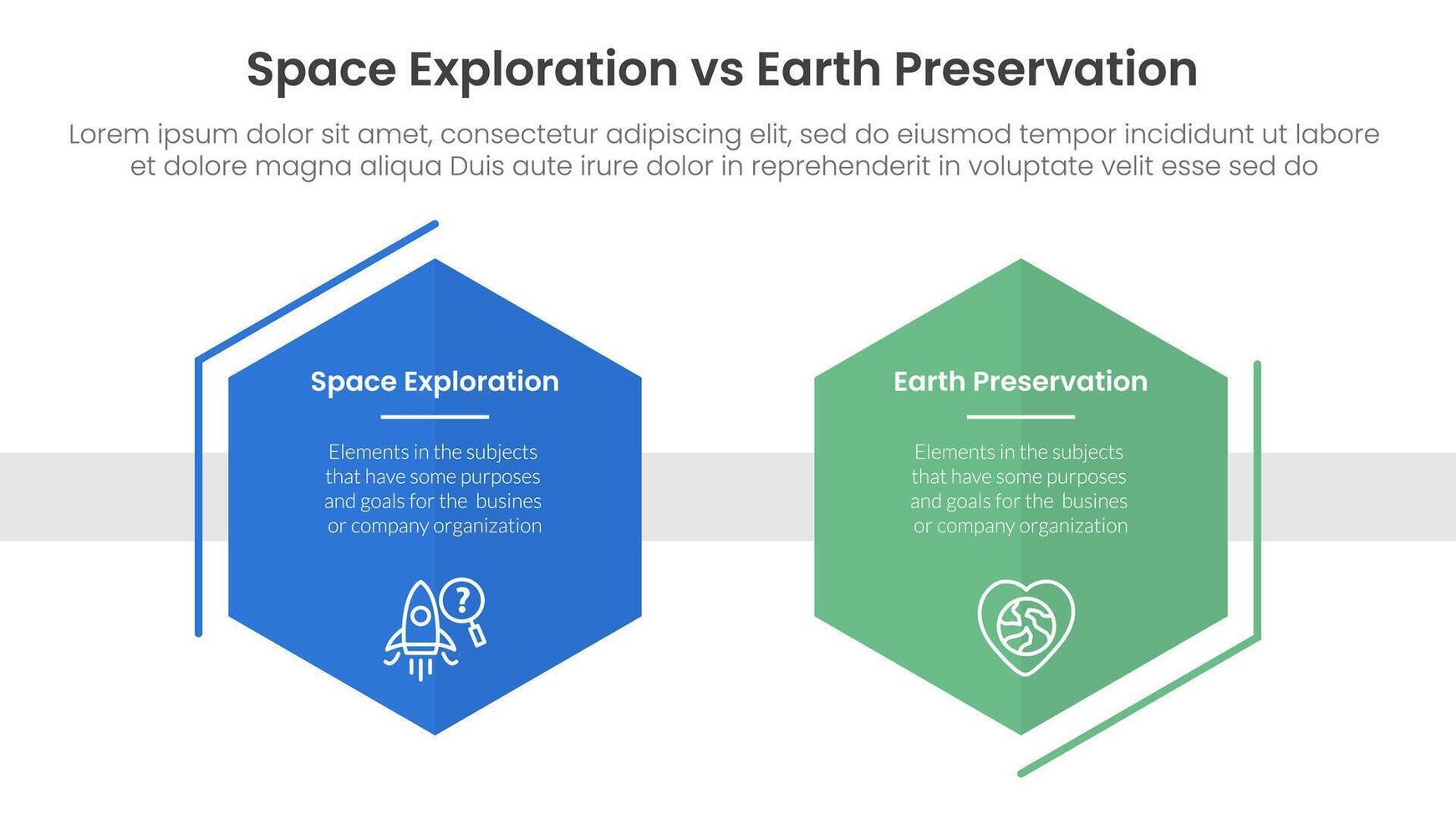 space exploration vs earth preservation comparison concept for infographic template banner with hexagon shape decoration outline with two point list information vector