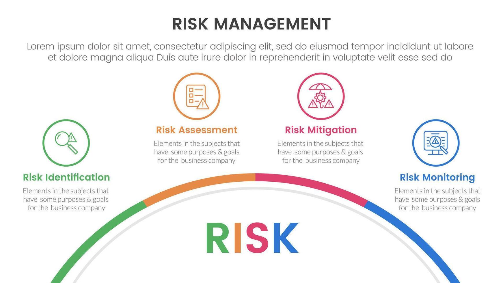 risk management infographic with 4 point stage template with half circle bottom with outline point for slide presentation vector