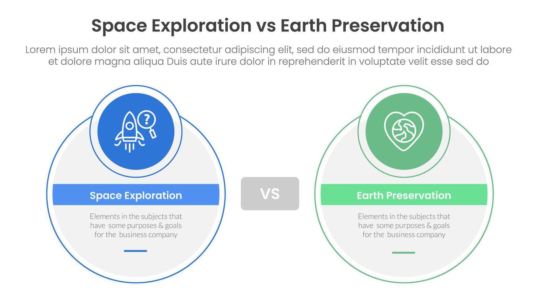space exploration vs earth preservation comparison concept for infographic template banner with big circle and small circle badge with two point list information vector