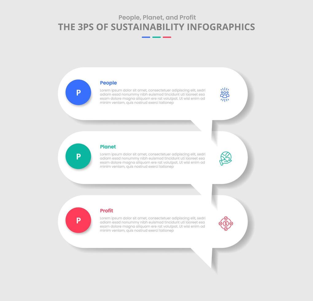 3P sustainability concept for infographic with drop shadow style with round rectangle discussion commentary box stacked list with 3 point list information vector