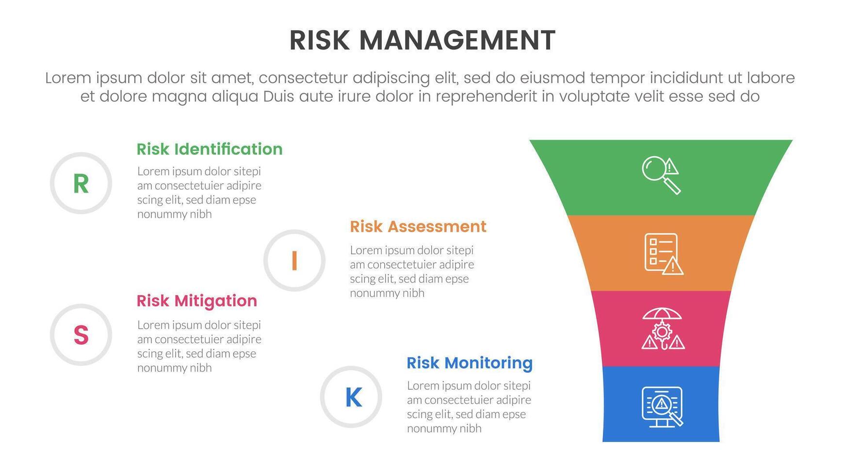 risk management infographic with 4 point stage template with round funnel on right column for slide presentation vector