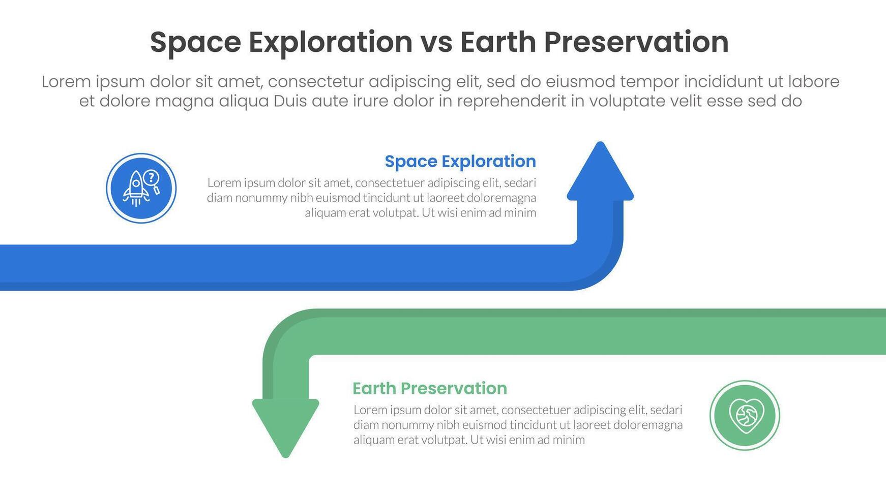 space exploration vs earth preservation comparison concept for infographic template banner with big line arrow opposite with two point list information vector