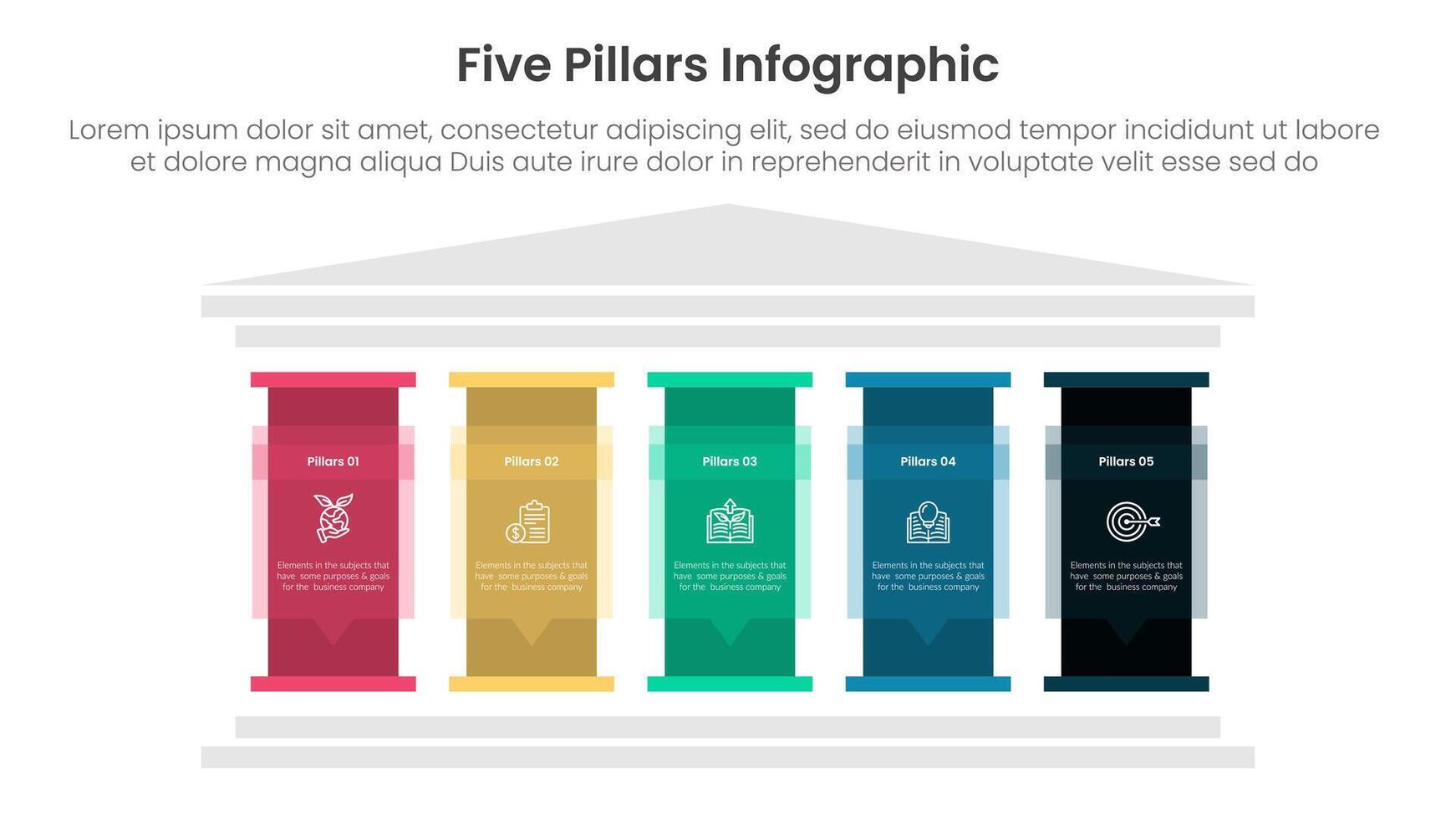 Five pillars framework with ancient classic construction infographic with 5 point stage template with big pillar with text description for slide presentation vector