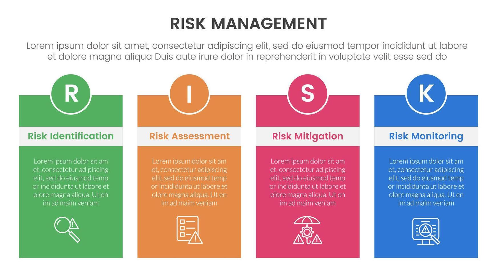 risk management infographic with 4 point stage template with box table with header badge and circle for slide presentation vector