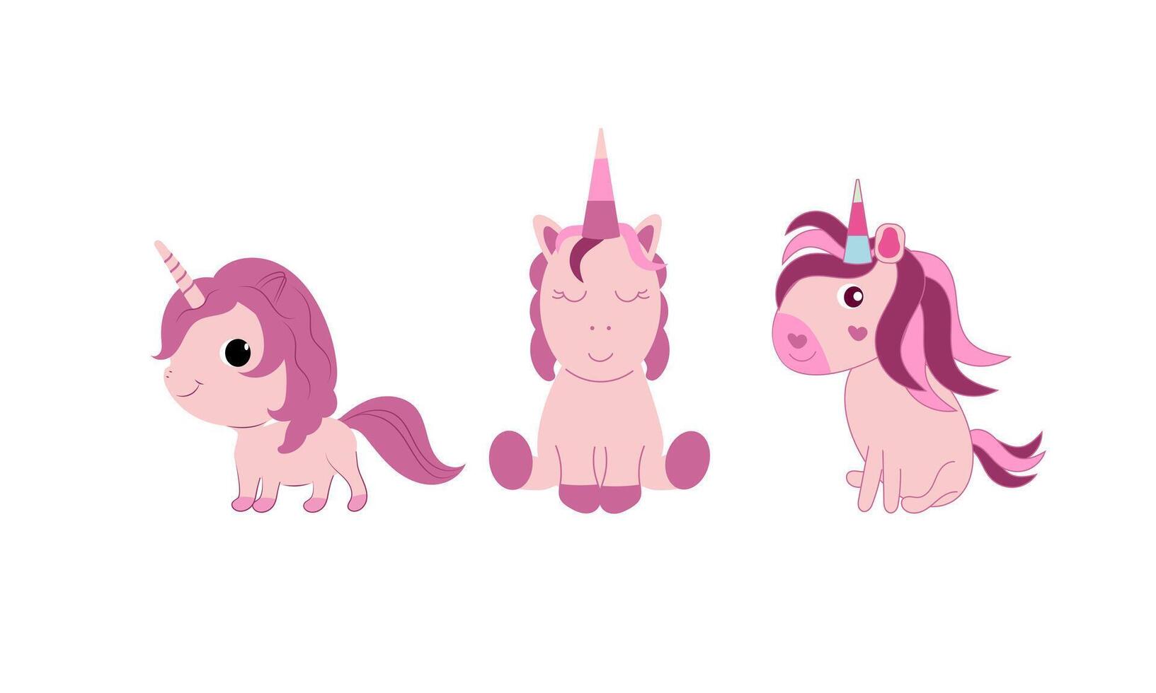 A set of cute unicorns on a white background. A magical pony with a horn. A fabulous horse. vector