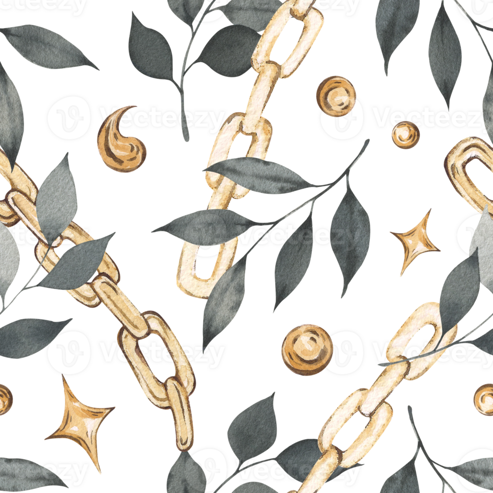 Watercolor seamless pattern with gold chains and black branches with leaves. Gold chains, jewelry, beads, stars. Watercolor illustration, print for design and decoration. png