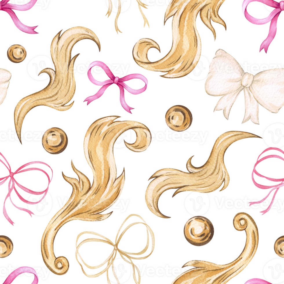 Watercolor seamless pattern with golden monograms and bows. Print for wrapping paper, textile, background and wallpaper design. Golden monograms, beads and fabric bows. png