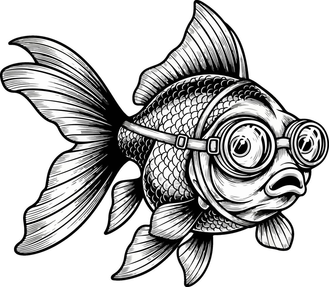Intricate black and white illustration of a stylized goldfish facing forward with a slight rightward angle, wearing round goggles strapped behind its gills vector