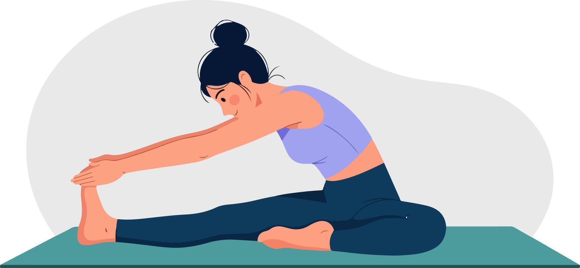 Flat illustration of a woman practicing seated forward bend yoga pose on a mat, shown in side profile with outstretched arms and legs, emphasizing calm, balance, and flexibility. vector