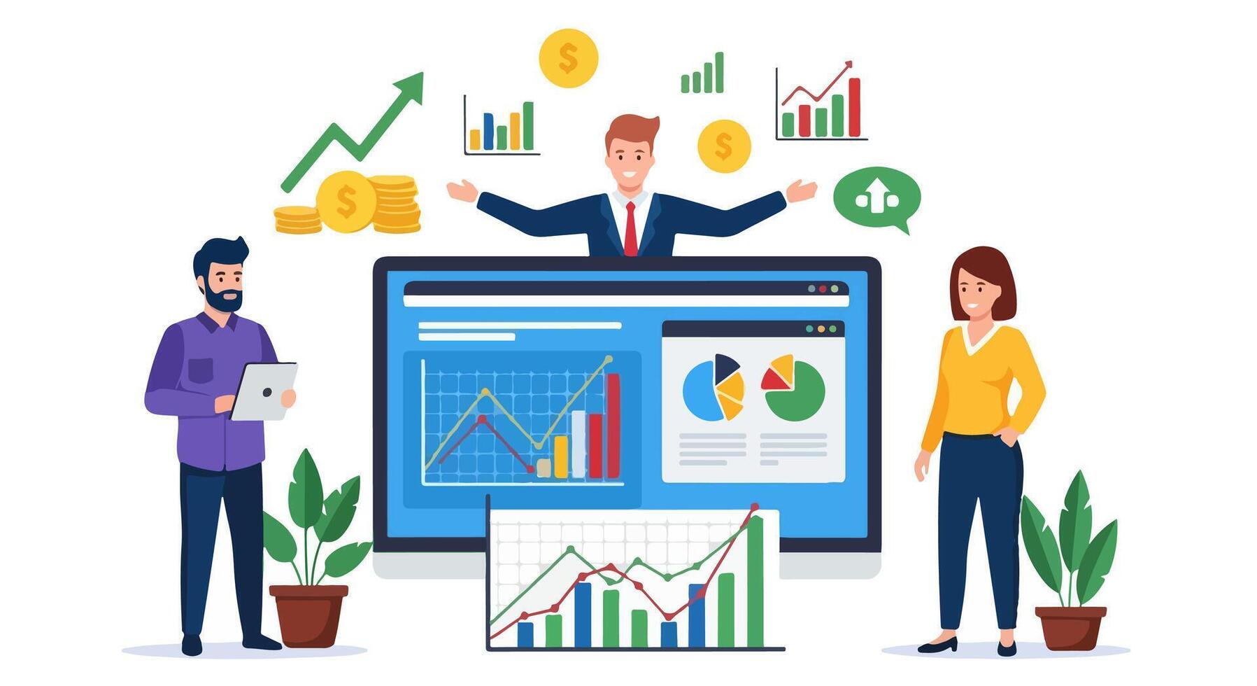 Flat Design Illustration of Business Team Analyzing Financial Data on Desktop Monitor with Floating Charts, Coins, and Growth Icons Representing Market Strategy and Team Collaboration vector