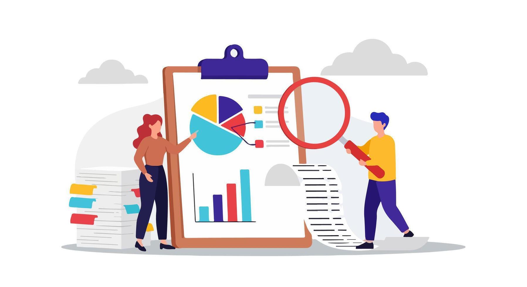 Flat Design Illustration of Two People Analyzing Financial Charts and Oversized Receipt on Large Clipboard with Cloud Background in Minimal Cartoon Style vector