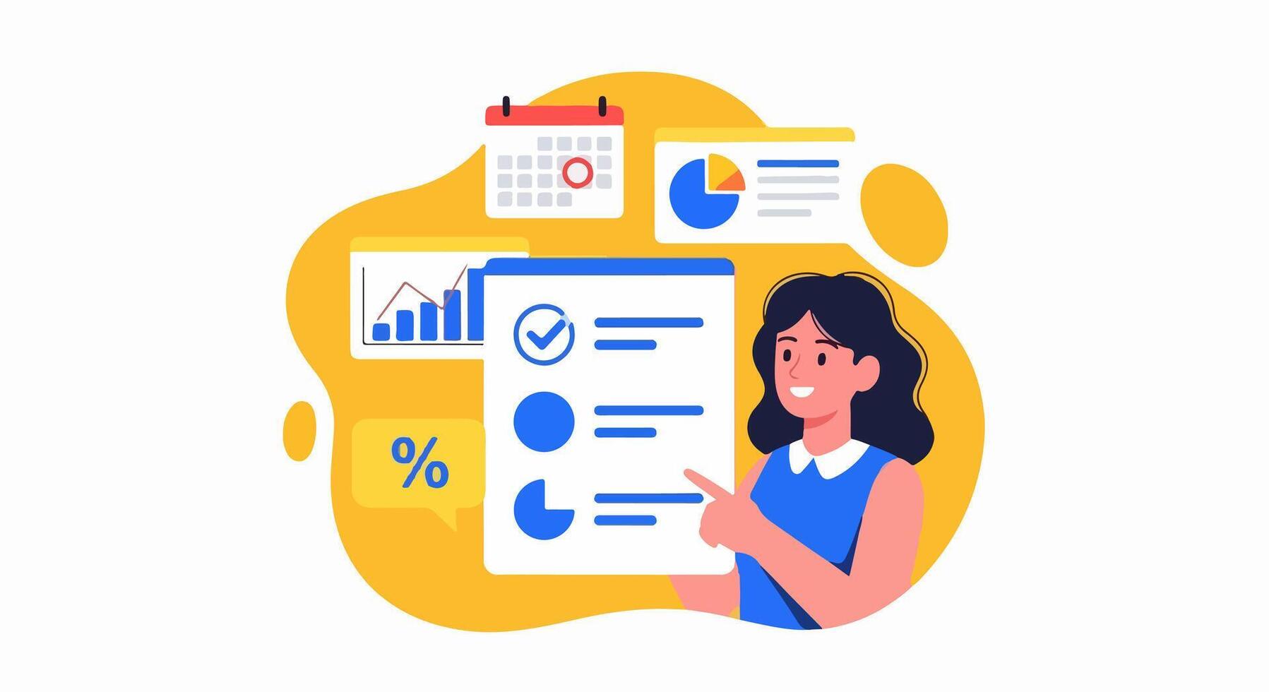 Smiling Woman Illustrating Progress Checklist with Analytics and Calendar Icons in Flat Cartoon Style on White Background vector