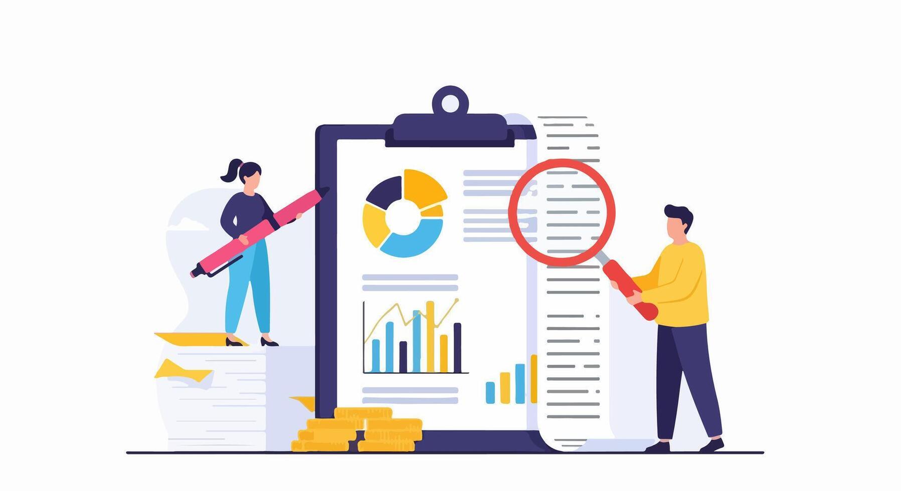 Flat Design Illustration of Man and Woman Analyzing Financial Report on Clipboard with Charts, Scroll, and Coins in Minimal Style on White Background vector