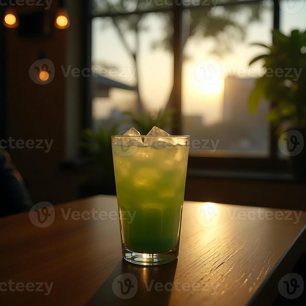 Refreshing Green Drink with Ice Cubes on Table at Sunset photo