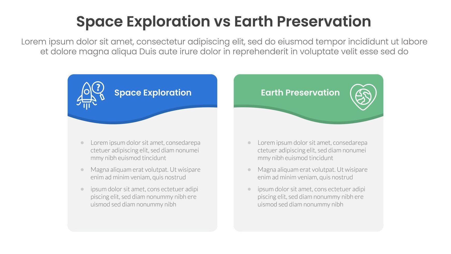space exploration vs earth preservation comparison concept for infographic template banner with wave swirl curve table box with two point list information vector