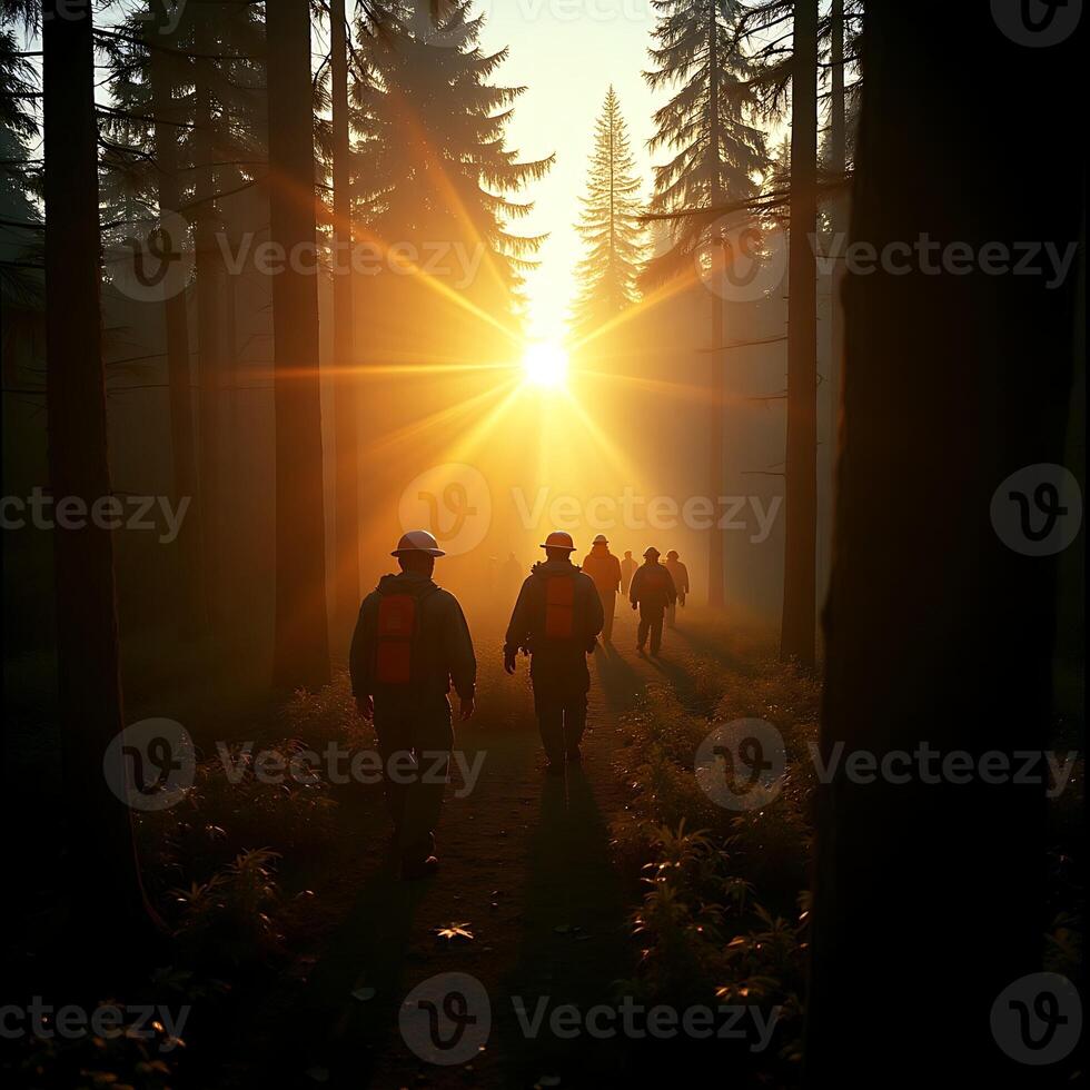 Group Hiking Through Forest at Sunset with Protective Gear photo
