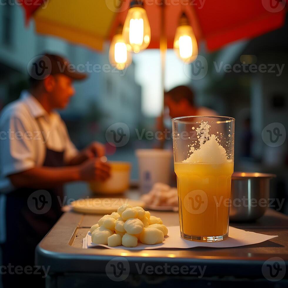 Making Refreshing Orange Drink with Small Dough Balls at an Outdoor Stand photo