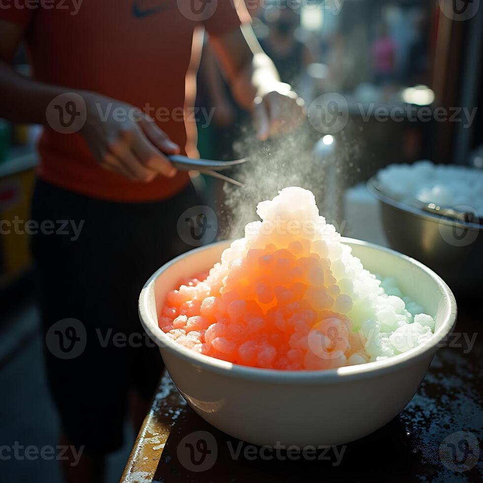 Preparing Rainbow Shaved Ice Dessert in Bowl with Condensation photo