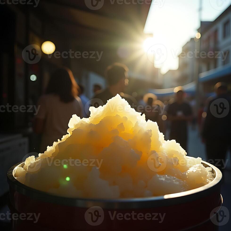 Shaved Ice Dessert in Container on Street at Sunset photo