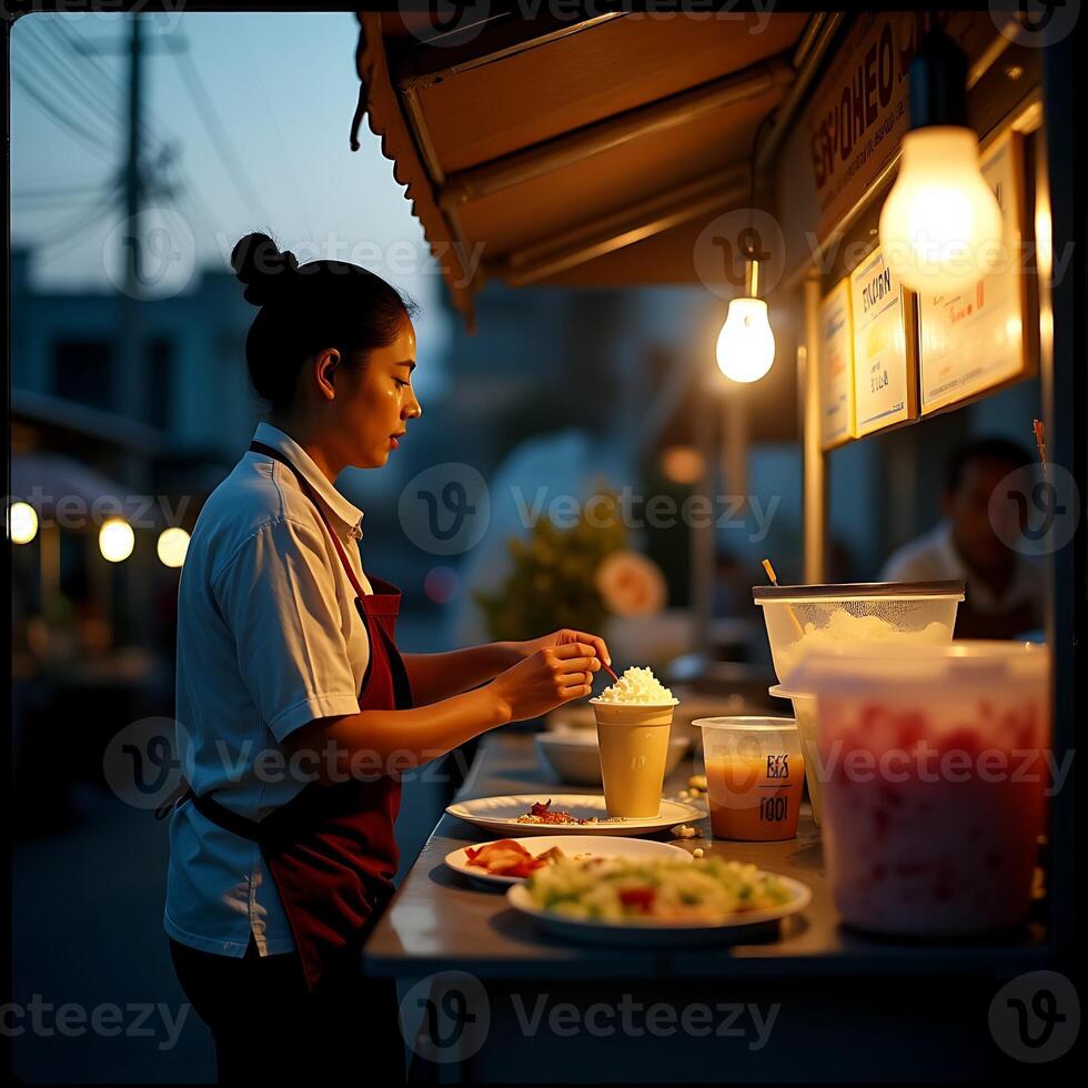 Woman Preparing Food at Outdoor Street Food Stall at Night photo