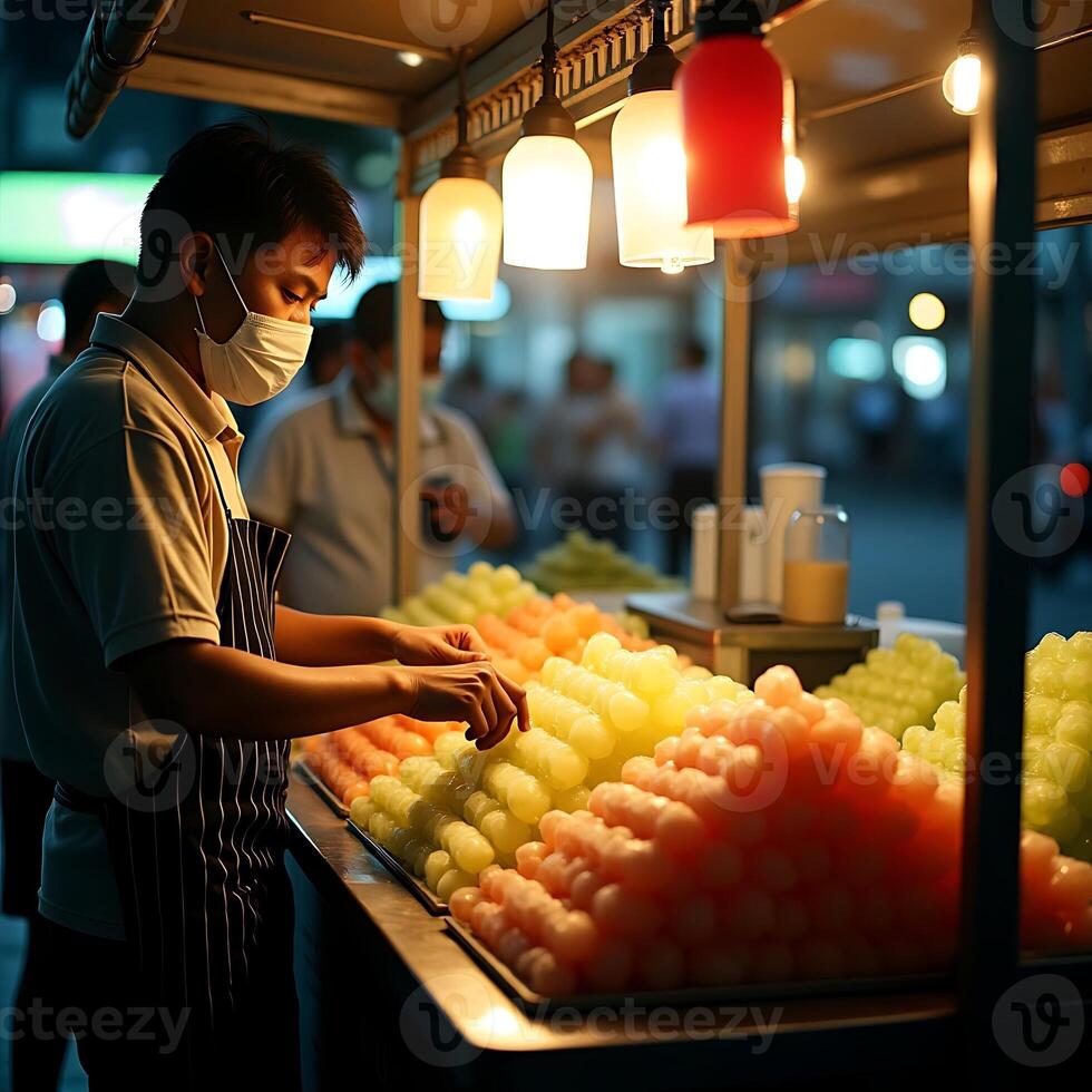 Preparing Sweet Treats at Street Food Cart at Night photo