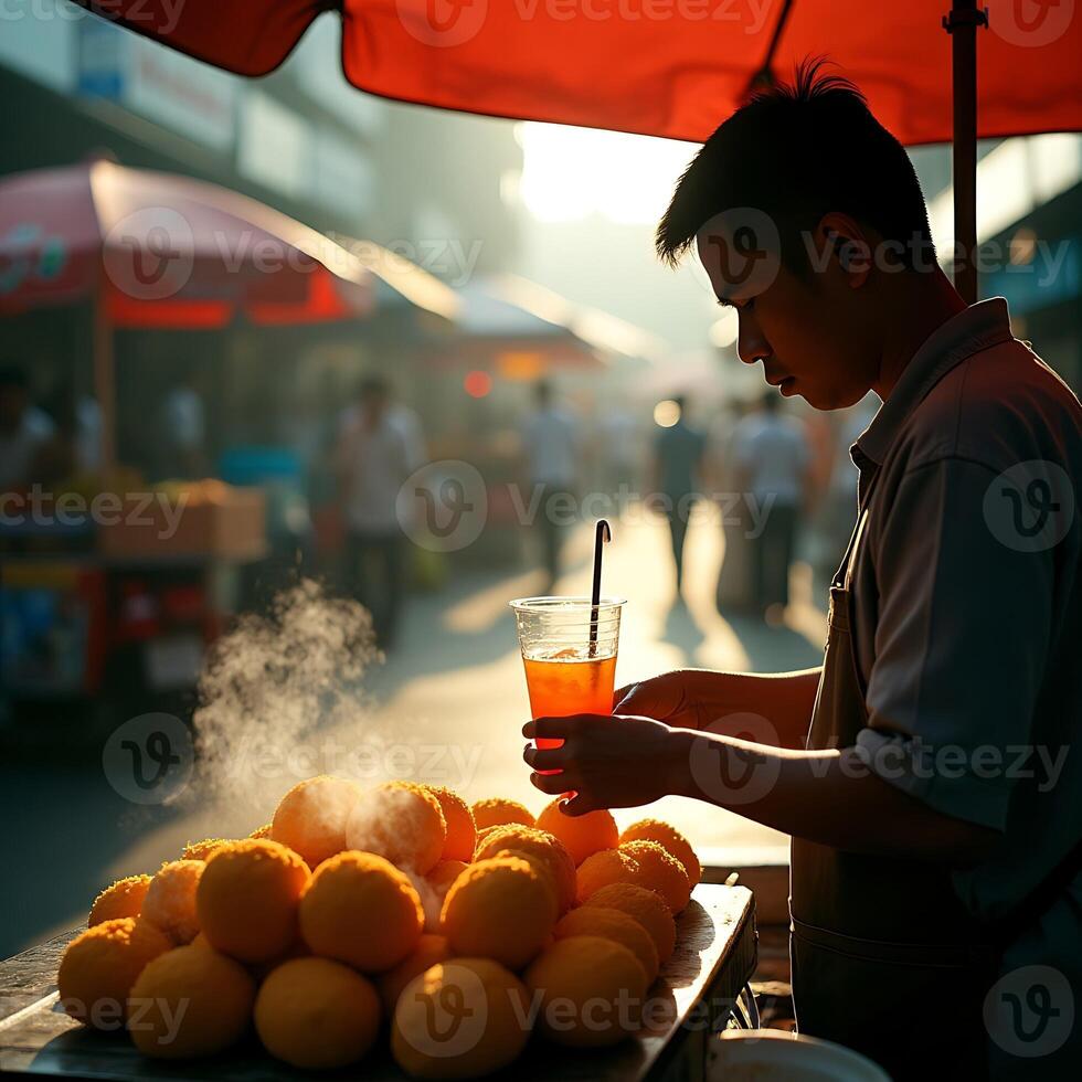 Man Selling Fresh Orange Juice at Outdoor Market photo