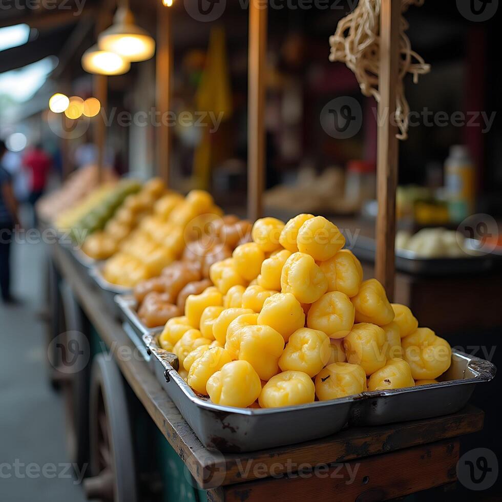 Selling Food From a Street Cart with Various Fruits and Vegetables photo