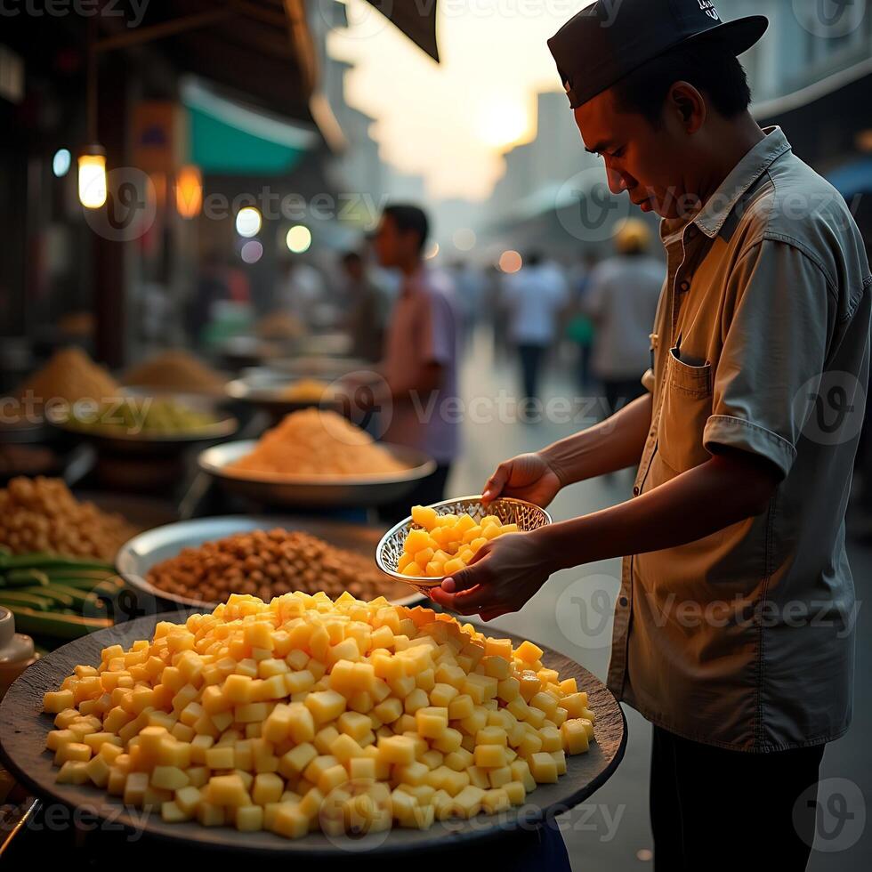 Man Preparing Street Food at Market with Diced Potatoes and Other Snacks photo