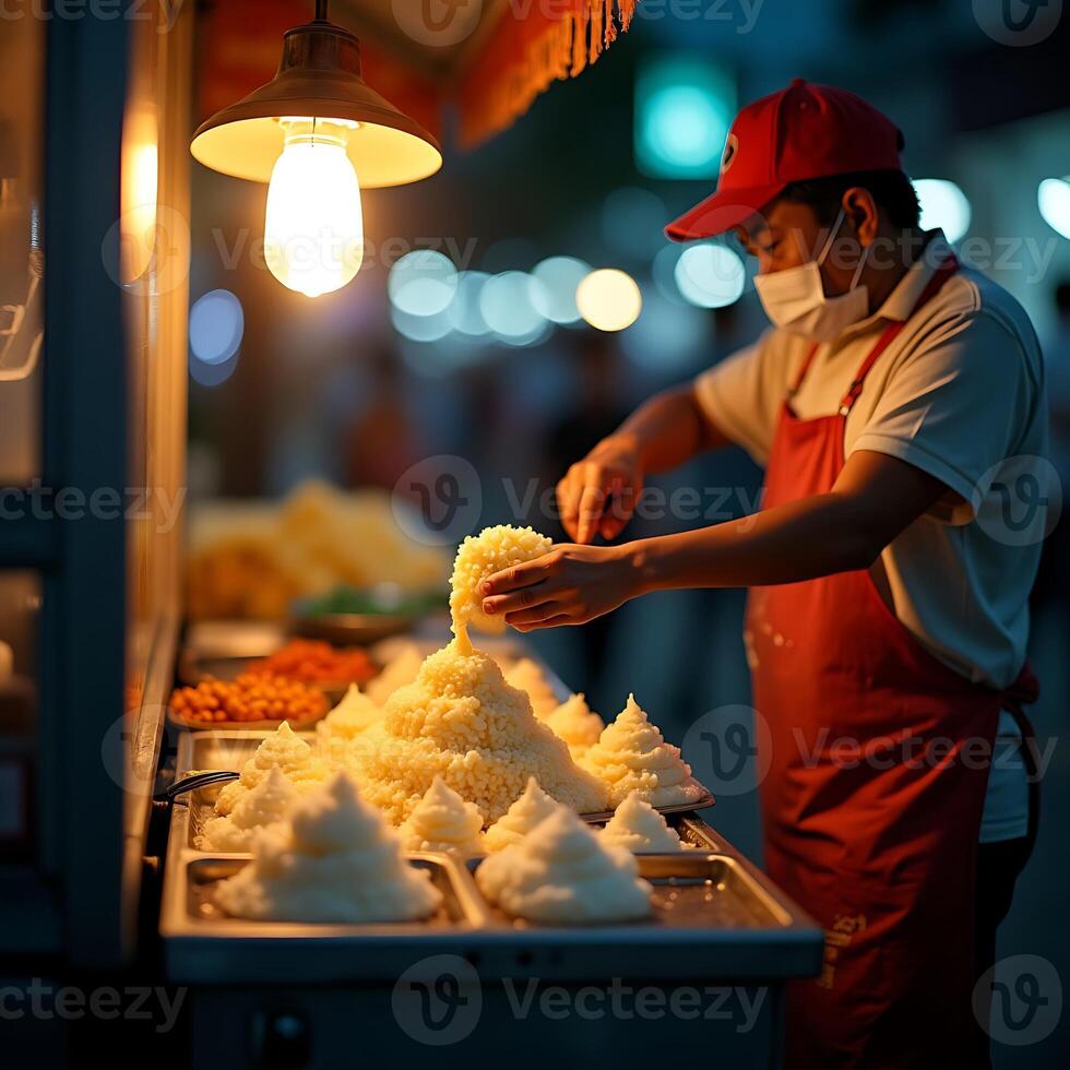 Vendor Preparing Food at Street Food Stall with Face Mask photo