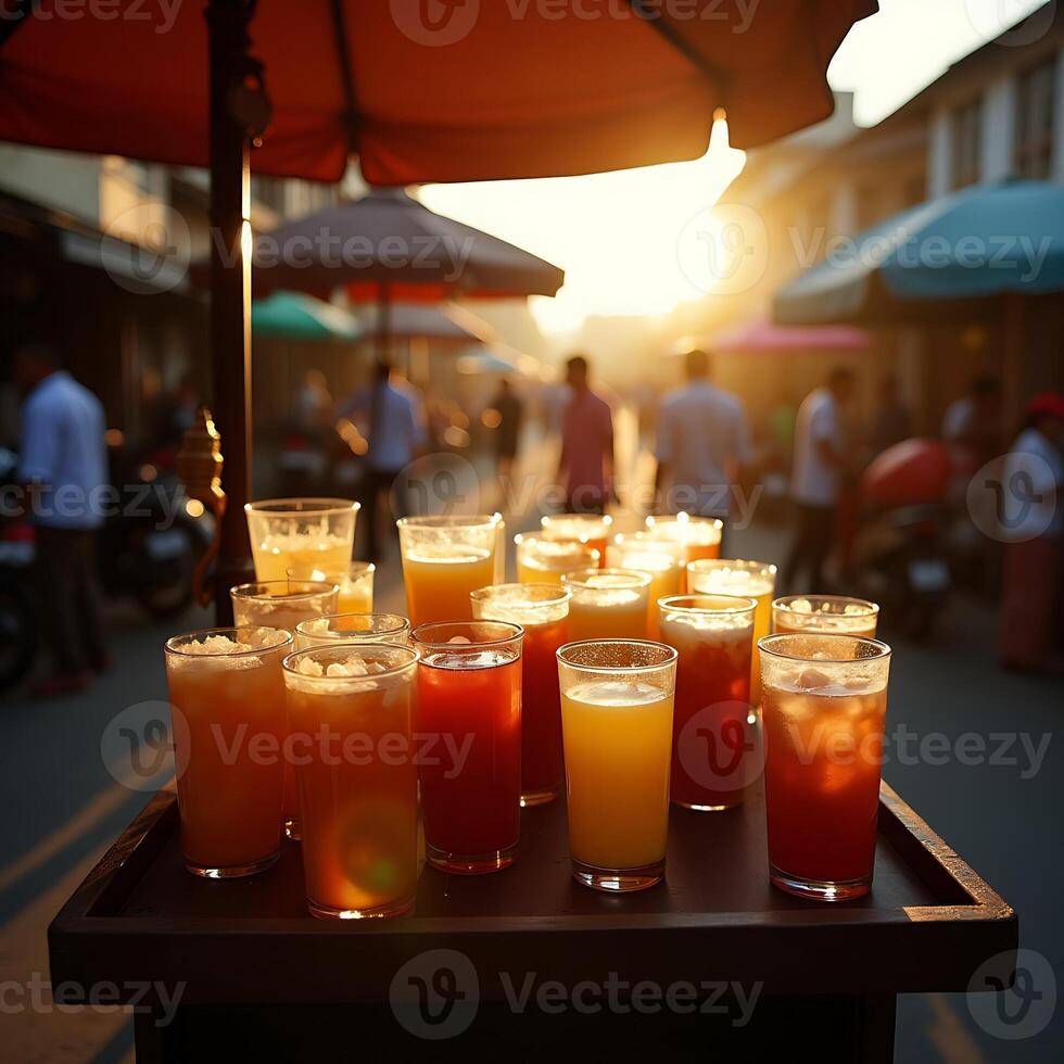 Refreshing Drinks on Tray at Outdoor Market During Golden Hour photo