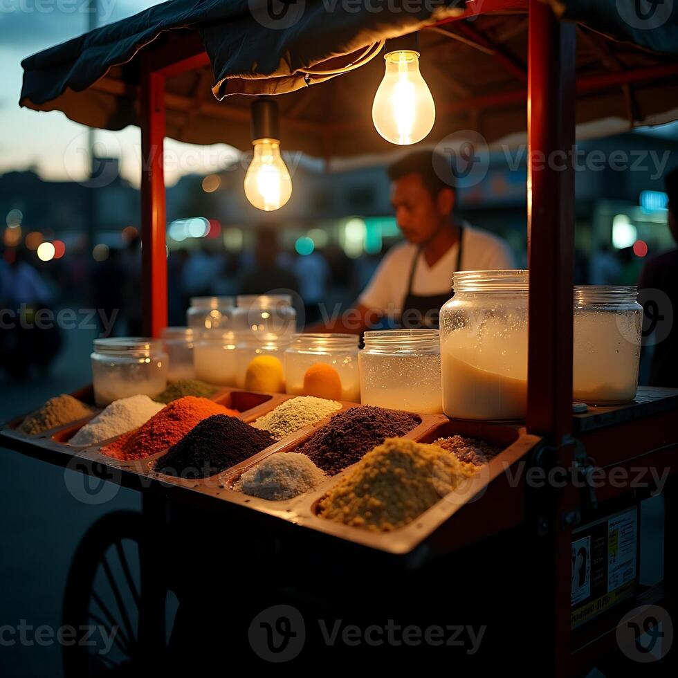 Food Cart Selling Spices and Drinks at Evening Market photo