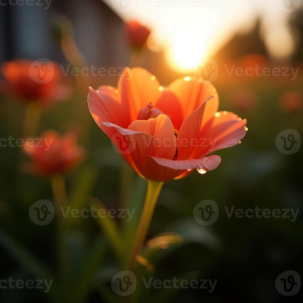 Close-up of Tulip in Garden with Warm Sunset Glow photo