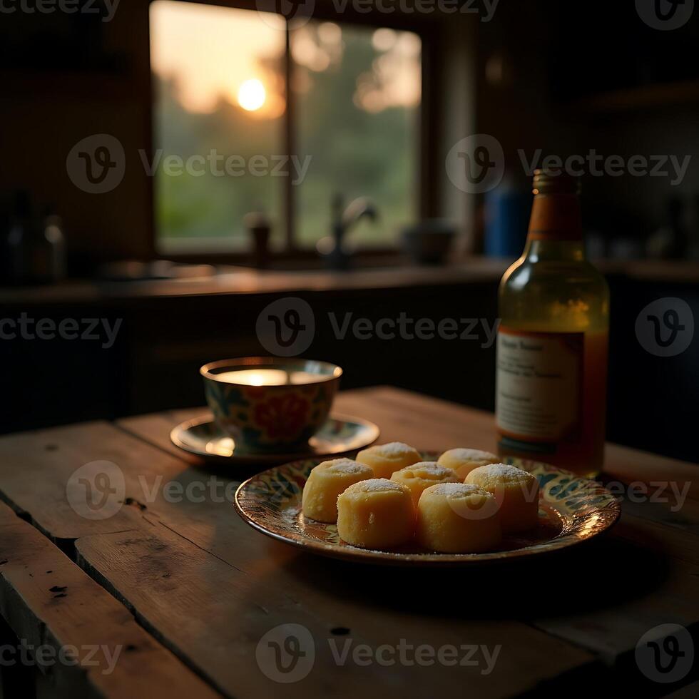 Enjoying Dessert and Drink at Sunset Indoors photo