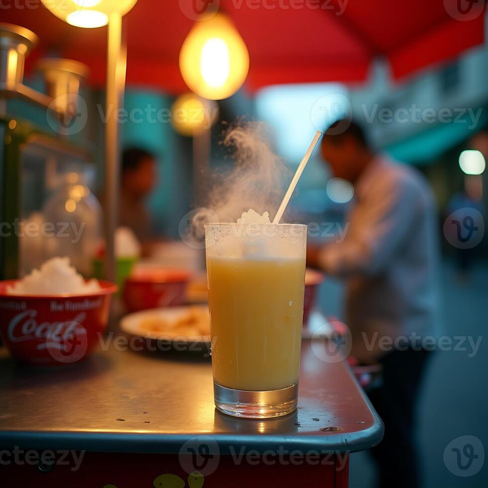 Serving Refreshing Drink at Outdoor Food Stall with Steam photo