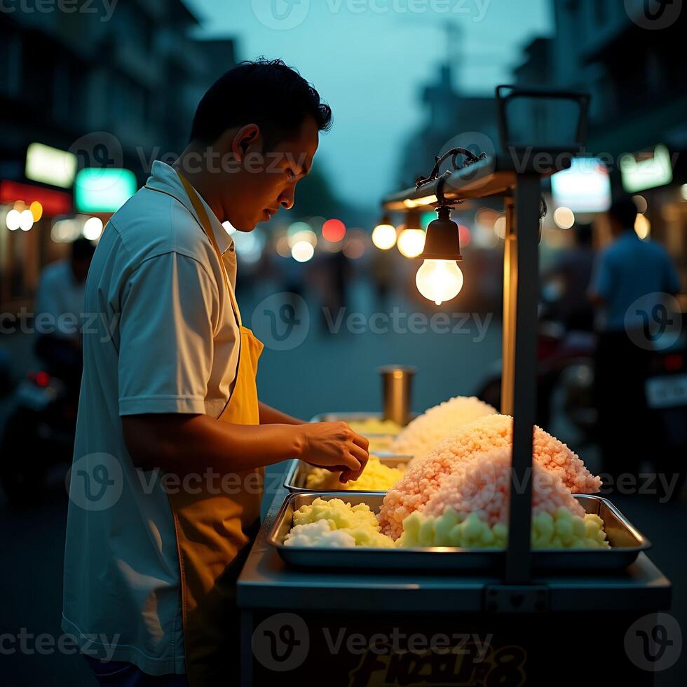 Man Preparing Street Food at Night with Glowing Lights photo