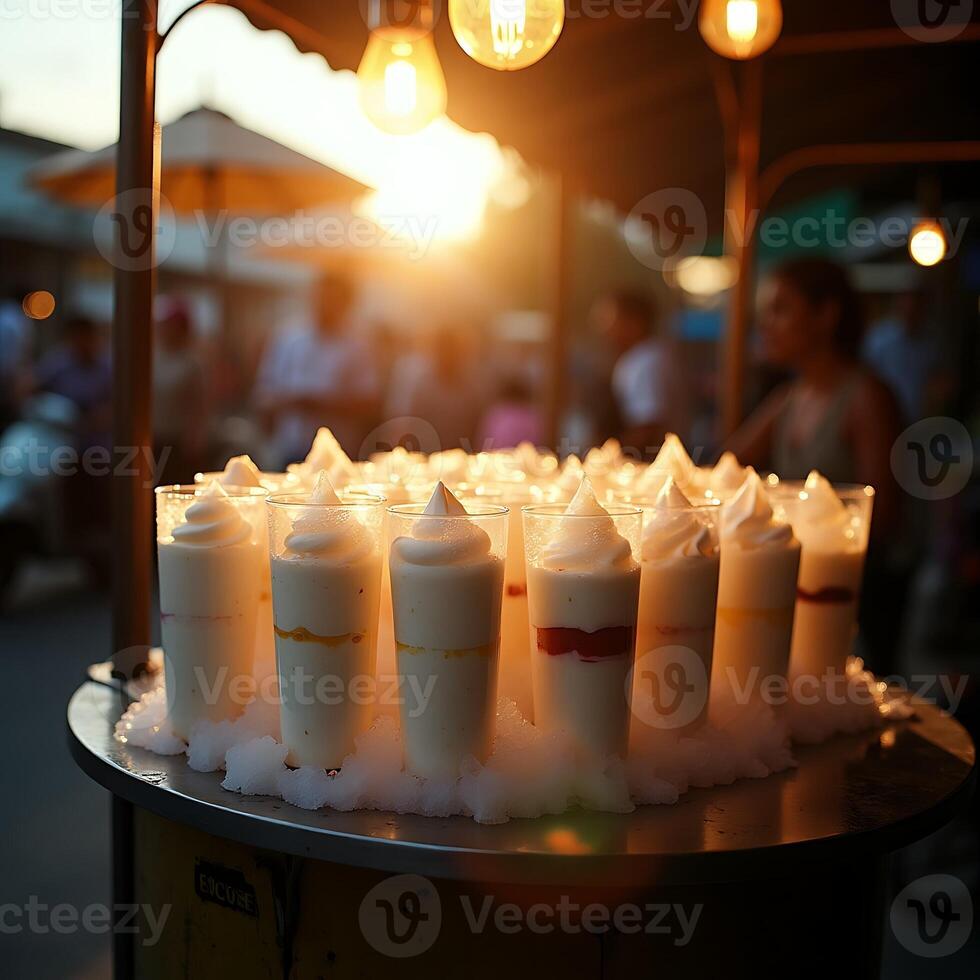 Creamy Dessert Drinks on Cart at Market at Sunset photo