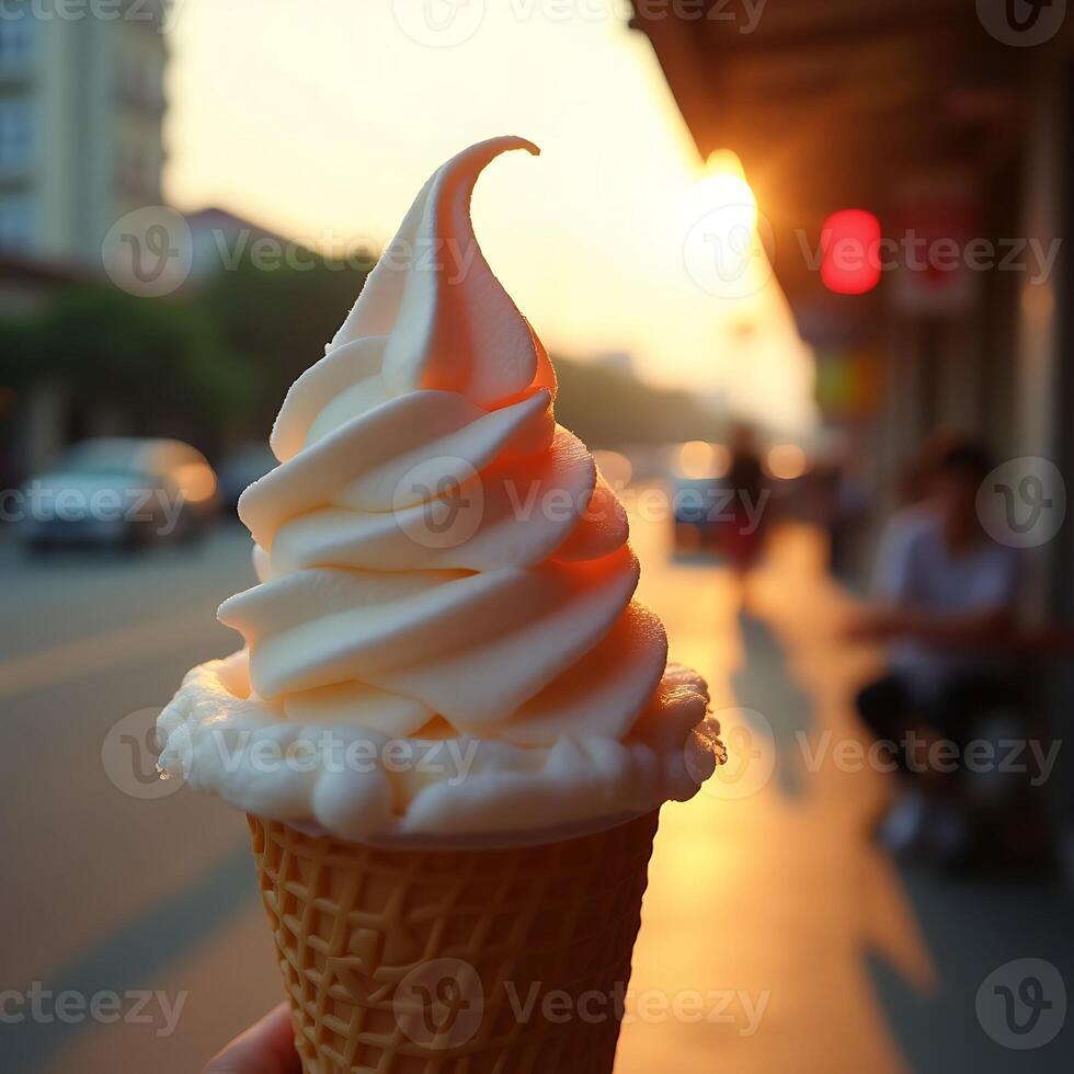 Enjoying Soft Serve Ice Cream Cone at Sunset on City Street photo