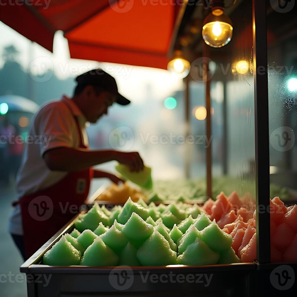 Street Vendor Preparing Colorful Treats on a Food Cart photo