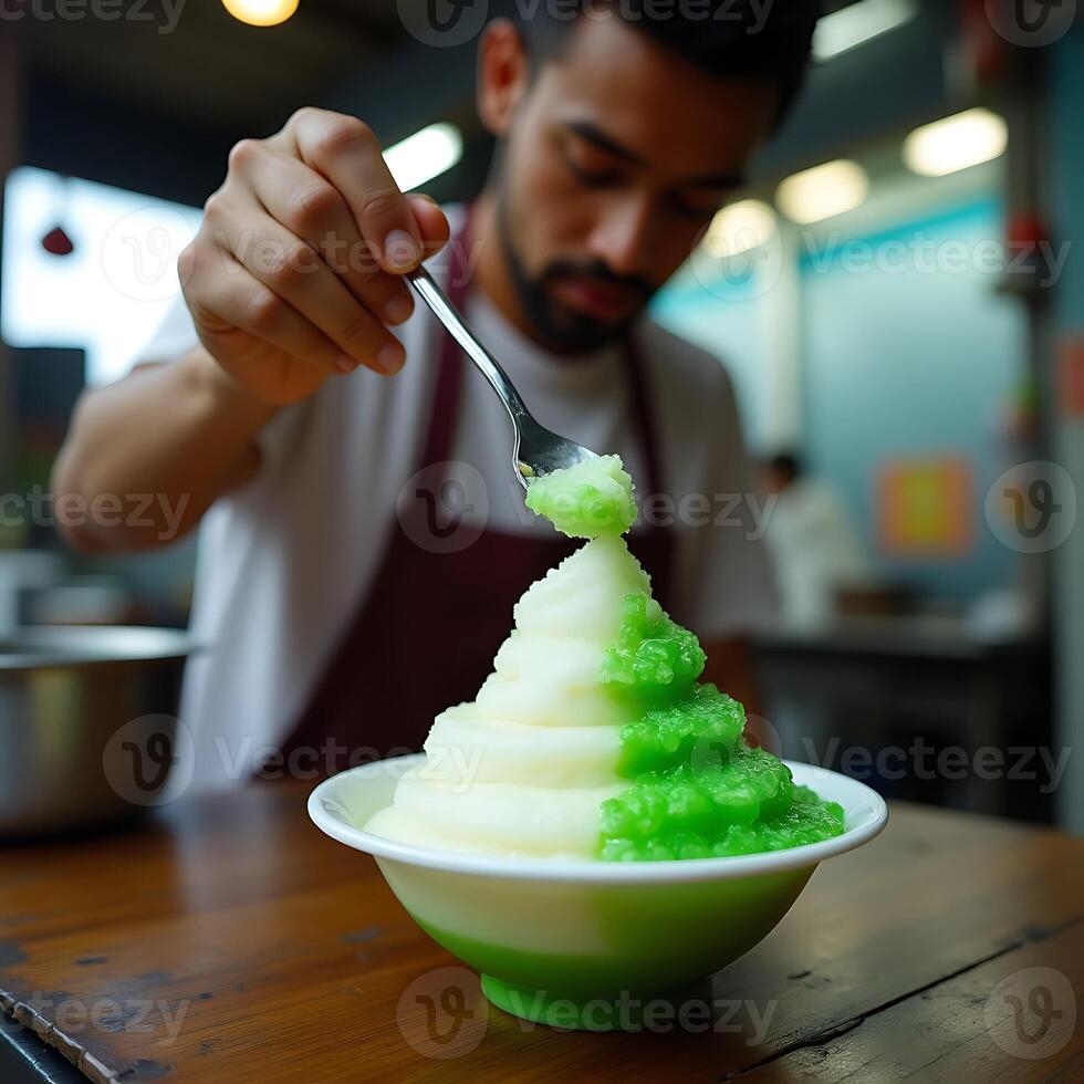 Preparing a Shaved Ice Dessert with Fruit Topping photo