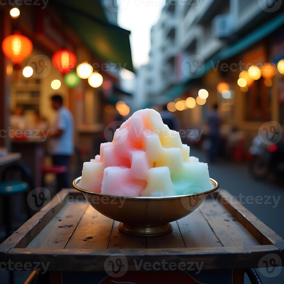 Shaved Ice Dessert on Street with Colorful Lanterns at Night photo