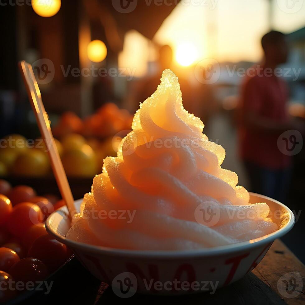 Close-up of Frozen Dessert at Market During Sunset photo