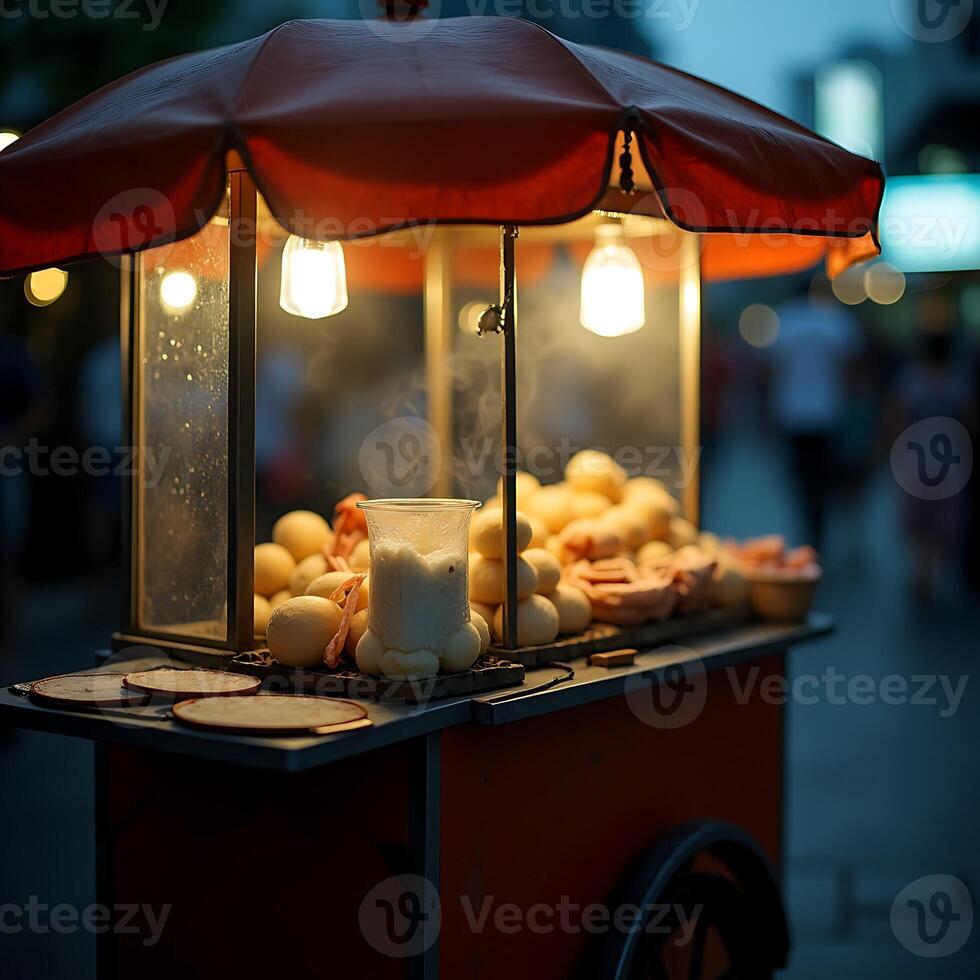 Street Food Cart at Night with Steaming Drink and Snacks photo