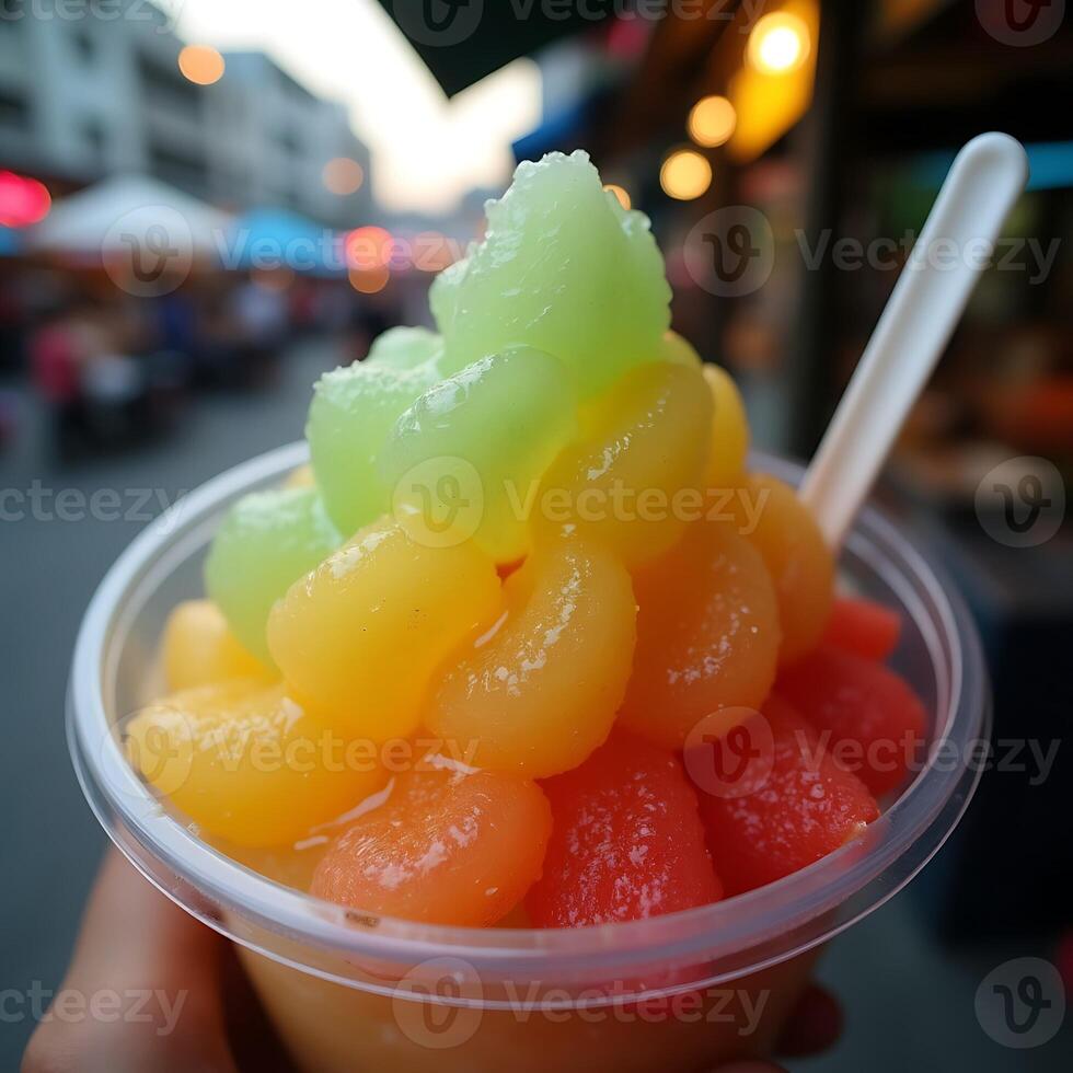Enjoying Colorful Fruit Cup at Outdoor Market on Street photo