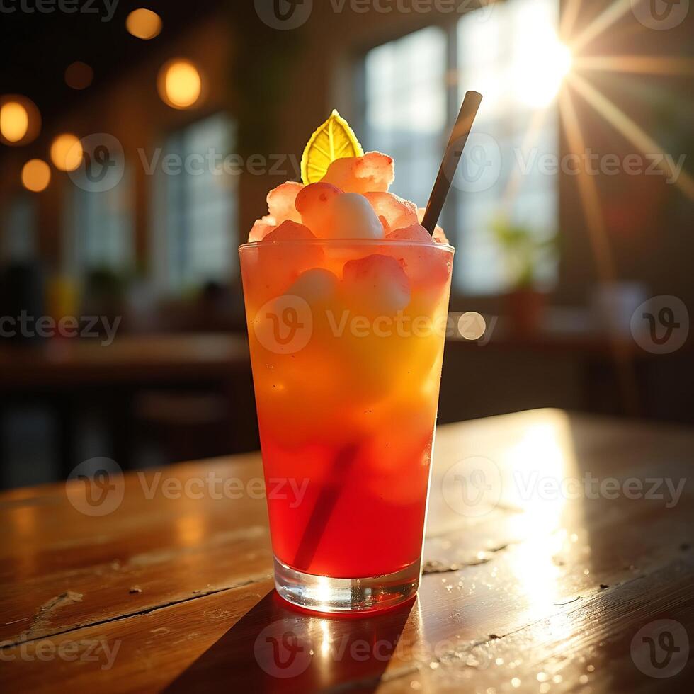 Colorful Layered Cocktail on Wooden Table with Sun Shining photo