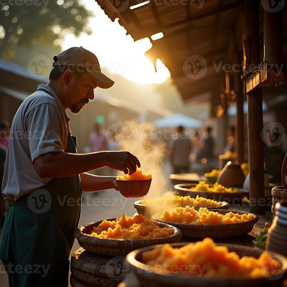 Vendor Serving Food at Outdoor Market During Golden Hour photo
